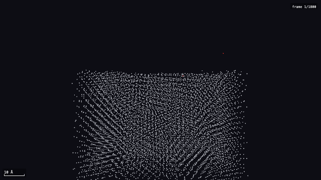 Oxygen atoms depositing onto an aluminum slab, rendered as an animated trajectory